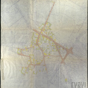 mapa geodezyjna z naniesionymi kolorem zabudowaniami, siatką ulic, kapliczkami i krzyżami przydrożnymi w postaci symboli