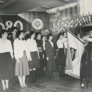 grupa młodych dziewczyn w ubraniach galowych, z prawej kilka dziewcząt przy sztandarze z wyciągniętą prawą ręką do ślubowania