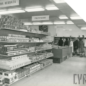 wnętrze dużego sklepu, półki z artykułami, w głębi klienci stoją w kolejce