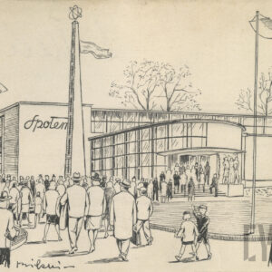 rysunek murowanego budynku z przeszkleniami i półokrągłym wejściem, przed nim spacerujący ludzie, przy budynku murowana kolumna o kwadratowej podstawie, zwężająca się ku górze, na jej wierzchołku przenikające obręcze