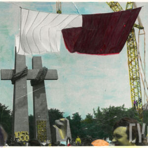 tłum ludzi przed pomnikiem przedstawiającym dwa krzyże; obok dźwig na którego haku przymocowano dwie płachty: białą i czerwoną, symbolizujące flagę Polski