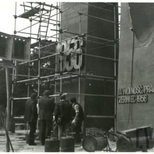 stalowa instalacja otoczona rusztowaniem i robotnikami