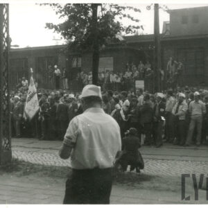 tłum ludzi zgromadzonych wzdłuż ulicy, stojący na tle ceglanego budynku 