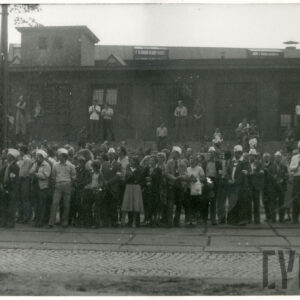 tłum ludzi zgromadzonych wzdłuż ulicy, stojący na tle ceglanego budynku 