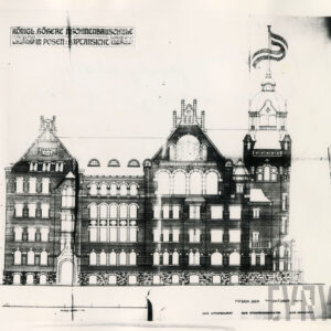 rysunek kilkukondygnacyjnej bogato zdobionej elewacji, z wieżą z prawej strony i dwoma trójkątnymi szczytami