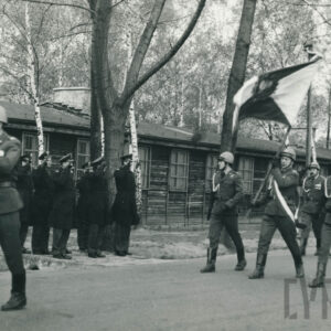 defiluje grupa mężczyzn w mundurach i hełmach wojskowych, jeden trzyma sztandar, w głębi grupa mężczyzn salutuje w mundurach wojskowych, za nimi drewniane niskie budynki