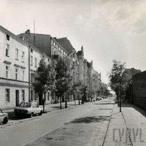 ulica, z lewej kilkukondygnacyjne budynki i kamienica, po obu stronach ulicy drzewa