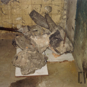 fragmenty zniszczonej kamiennej rzeźby leżące na posadzce