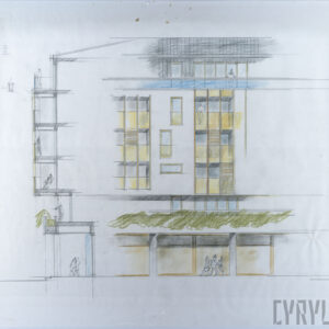 Rysunek koncepcyjny fragmentu elewacji apartamentowca z lokalami usługowymi na parterze Casa Verona