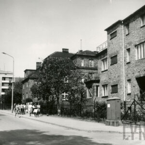 ulica, przy niej kilkukondygnacyjne wille, nieotynkowane, w otoczone ogrodzonymi ogrodami, chodnikiem idzie grupa ludzi