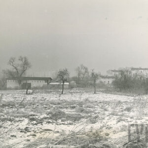 na pierwszym planie użytek rolny z kilkoma drzewami i krzewami, w głębi budynki, z prawej nieco wyższe, na ziemi leżący śnieg