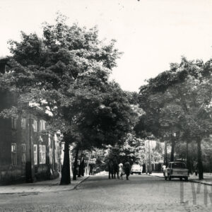 brukowana ulica, obsadzona drzewami, po obu stronach domy mieszkalne, środkiem ulicy idzie grupa ludzi