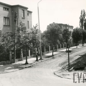 brukowana ulica, przy niej kilkukondygnacyjne domy mieszkalne w ogrodach, ogrodzone