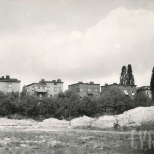 budynki mieszkalne od strony ogrodów, na pierwszym planie kopce piachu, za nimi krzaki