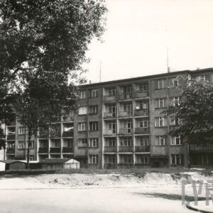 pięciokondygnacyjny blok mieszkalny z balkonami, z lewej duże drzewo, z prawej mniejsze drzewo