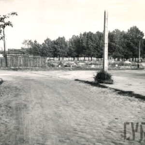 brukowana ulica, bruk częściowo zasypany ziemią, w głębi porzeczna ulica gruntowa, w głębi drewniane ogrodzenie, w oddali drzewa