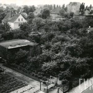 ogródki z niską zabudową otoczone ogrodzeniem, w głębi wille miejskie