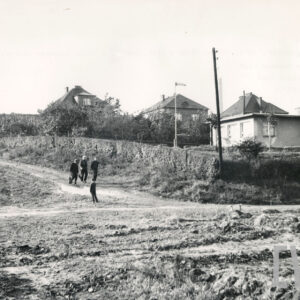 na pierwszym planie nieużytki, w głębi wille miejskie, w centrum idą cztery osoby