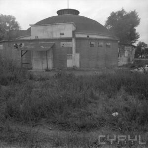 zniszczony budynek z rozległą kopułą, otoczony krzakami i zarastającą trawą 