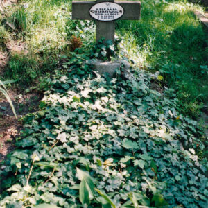 Nagrobek porośnięty bluszczem. Krzyż z tablicą epitafijną z napisami. Za nim wysoka trawa i fragmenty innych nagrobków. 