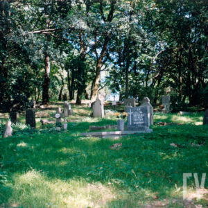 Kamienne nagrobki z pionowymi płytami nagrobnymi o różnych kształtach. W środku współczesny nagrobek. Teren porasta bujna zielona trawa. Wokół drzewa liściaste.