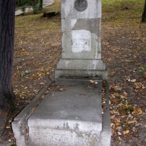 Uszkodzony kamienny nagrobek z obmurowaniem. Pionowa stela z krzyżem łacińskim. Na skrzyżowaniu ramion płaskorzeźba głowy Chrystusa, poniżej tablica epitafijna. Z tyłu pnie drzew i alejka. 