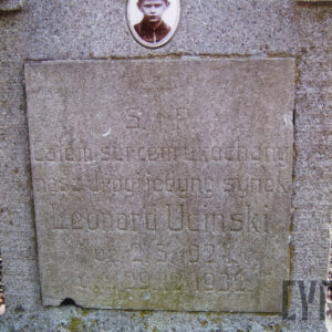 Kwadratowa kamienna tablica z wyrytymi napisami wtopiona w płytę nagrobną. Powyżej medalion portretowy.