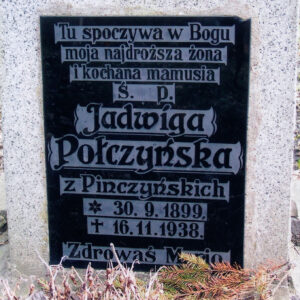 Prostokątna tablica z czarnego szkła z napisami wtopiona w płytę nagrobną. Poniżej fragmenty uschniętych gałązek.
