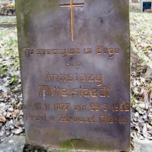 Stela w kształcie prostokąta częściowo pokryta mchem. Napisy w kolorze złotym. Nad nimi prosty krzyż łaciński.