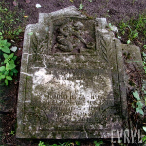 Przewrócona stela silnie zabrudzona i omszała. W górnej części płaskorzeźba nagiego anioła, w dolnej - tablica epitafijna.