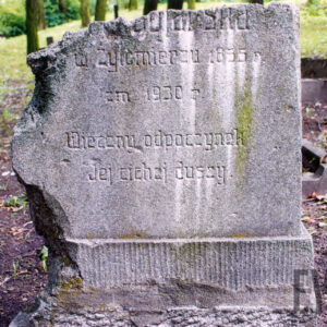 Uszkodzona płyta nagrobna z fragmentami napisów. Za nią fragmenty innych nagrobków, krzyże oraz pnie drzew.