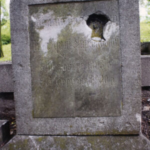 Tablica kamienna z napisami wtopiona w płytę nagrobną. Zabrudzona i omszała z głębokim ubytkiem.