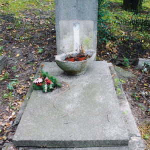 Mogiła pokryta kamienną płytą na postumencie, na niej łódkowata donica i pozostałości kwiatów. Wąska, wysoka stela z krzyżem łacińskim w górnej części, poniżej tablica epitafijna z napisami i śladem po medalionie. Z tyłu fragmenty innych nagrobków, krzewy i pnie drzew. 