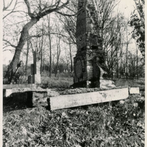 Monumentalny pomnik z tablicą epitafijną i płaskorzeźbionym wizerunkiem mężczyzny. Wokół fragmenty innych nagrobków, drzewa i krzyże.
