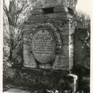 Owalna, kamienna tablica z napisami osadzona na pomniku nagrobnym. Z tyłu gałęzie drzew. 