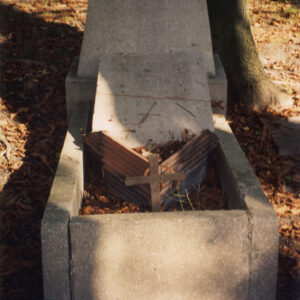 Niewielki nagrobek otoczony wysokim murkiem. Pusty postument, zwieńczenie odspojone, leżące pomiędzy murkami. Z tyłu teren pokryty suchymi liśćmi i drzewo.