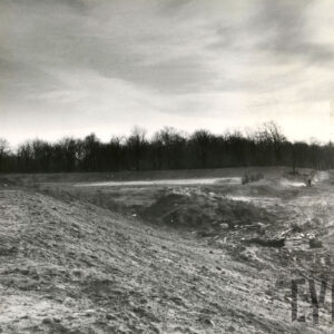 Pusty teren. Z tyłu zadrzewiony teren cmentarza.