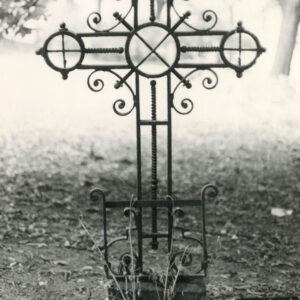 Żelazny krzyż osadzony na postumencie. Za nim drzewa.