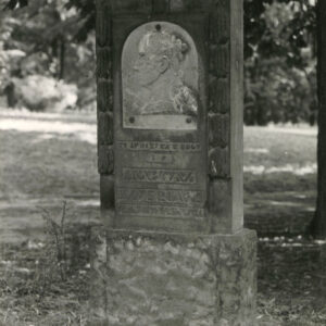 Prostokątna, pionowa płyta nagrobna z napisami i plakietą  przedstawiającą kobietę. Za nią drzewa.