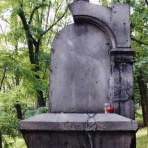 Duży nagrobek w kształcie ołtarza osadzonego na prostokątnej, kamiennej płycie. Na jego szczycie krzyż łaciński. Za grobowcem drzewa liściaste.