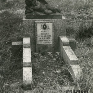 Nagrobek  z cokołem, na którym ustawiono rzeźbę śpiącego chłopca porośnięty trawą.