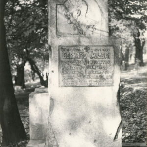 Duży kamienny blok ustawiony na niskim cokole. Na nim plakieta przedstawiająca lewy profil mężczyzny. Poniżej prostokątna tablica z napisami. Z tyłu drzewa.