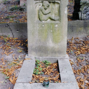 Obmurowana mogiła, na której osadzona jest pionowa stela z płaskorzeźbą putta grającego na harfie. W górnej części steli krzyż grecki, w dolnej napisy. Z tyłu fragmenty innych nagrobków i drzew.