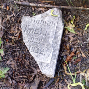 Fragment kamiennej płyty z napisami, leżącej na ziemi.  