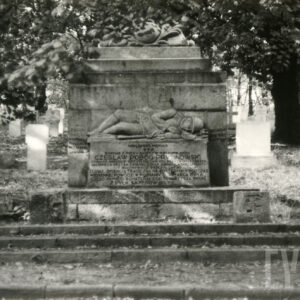 cokół z ciosów granitowych, przed którym stoi rzeźba  przedstawiająca żołnierza w polowym mundurze z hełmem na głowie, leżącego w nurtach symbolizowanej falistymi liniami rzeki, obejmującego ręką drzewce sztandaru uwieńczone orłem