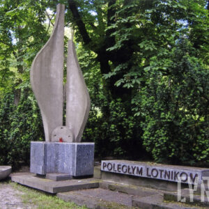 pomnik pionowy w kształcie śmigła ustawiony na cokole, obok napis w języku polskim: polskim lotnikom