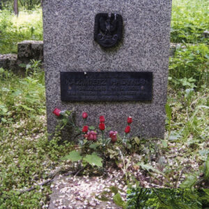 prostokątna płyta nagrobna z tablicą epitafijną pośrodku i umieszczonym nad nią symbolem orła lotniczego z czasów II RP, w tle widoczne drzewa