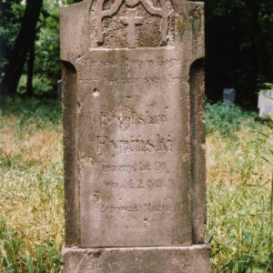 Pionowa, wąska płyta nagrobna z inskrypcją. Za nią teren zielony i drzewa.