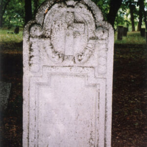 Zniszczona, pionowa stela z nieczytelną tablicą epitafijną. W górnej części krzyż otoczony kartuszem. Z tyłu drzewa.
