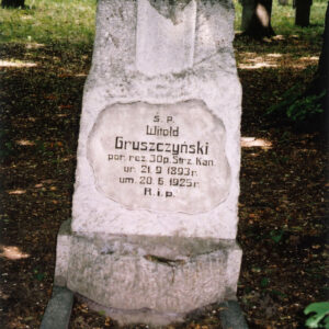 Uszkodzona pionowa płyta nagrobna z tablicą epitafijną. Z tyłu drzewa.